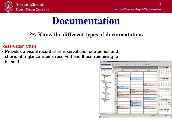 6 Documentation Know the different types of documentation. Hotel Register Reservation Card Diary Chart