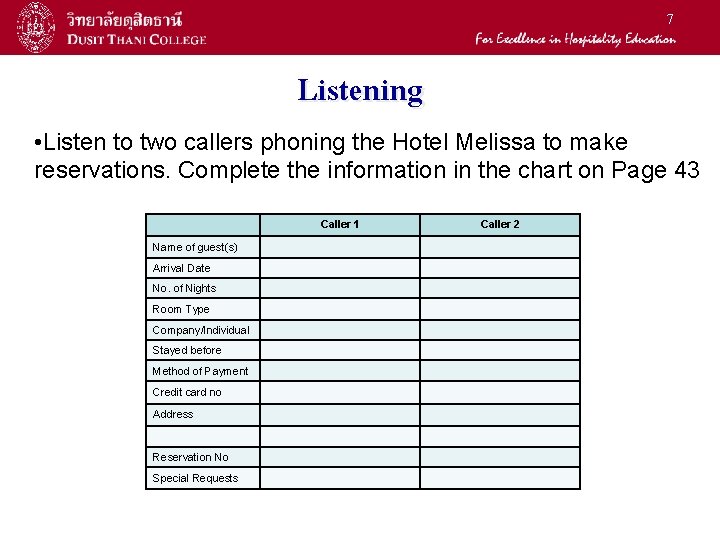 7 Listening • Listen to two callers phoning the Hotel Melissa to make reservations.