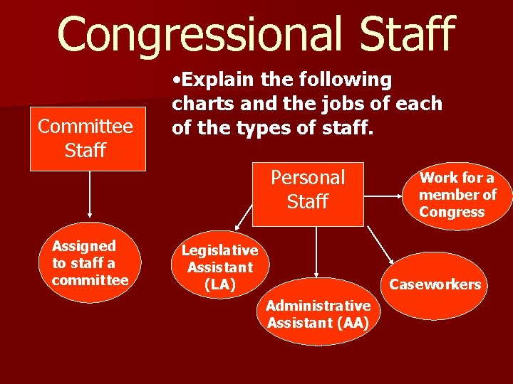 Congressional Staff Committee Staff • Explain the following charts and the jobs of each