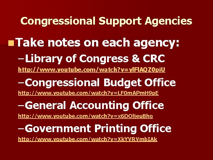 Congressional Support Agencies n Take notes on each agency: – Library of Congress &