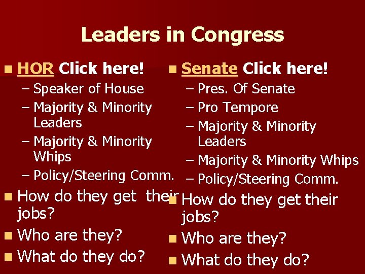 Leaders in Congress n HOR Click here! n Senate – Speaker of House –