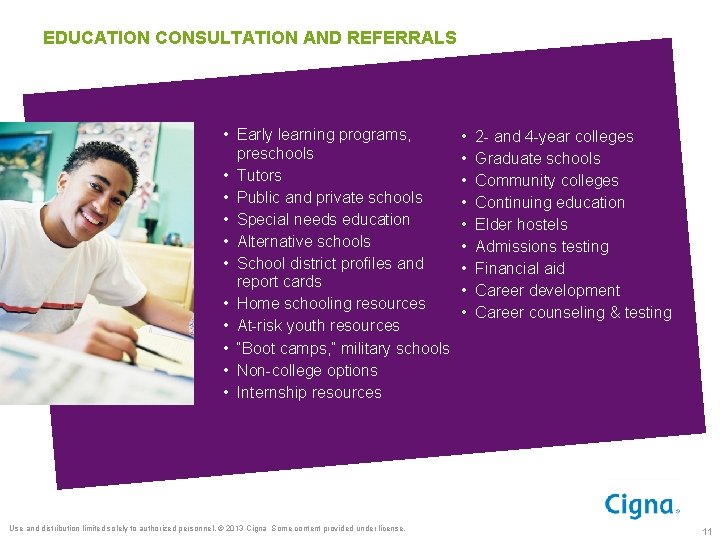 EDUCATION CONSULTATION AND REFERRALS • Early learning programs, preschools • Tutors • Public and