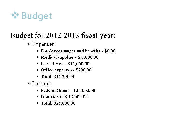 v Budget for 2012 -2013 fiscal year: • Expenses: § § § Employees wages