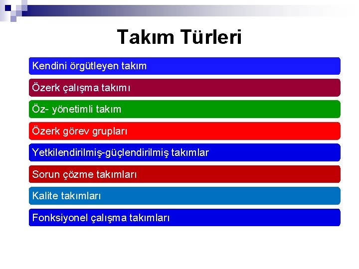 Takım Türleri Kendini örgütleyen takım Özerk çalışma takımı Öz- yönetimli takım Özerk görev grupları