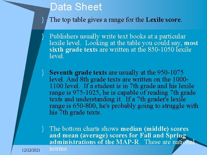 Data Sheet } The top table gives a range for the Lexile score. }