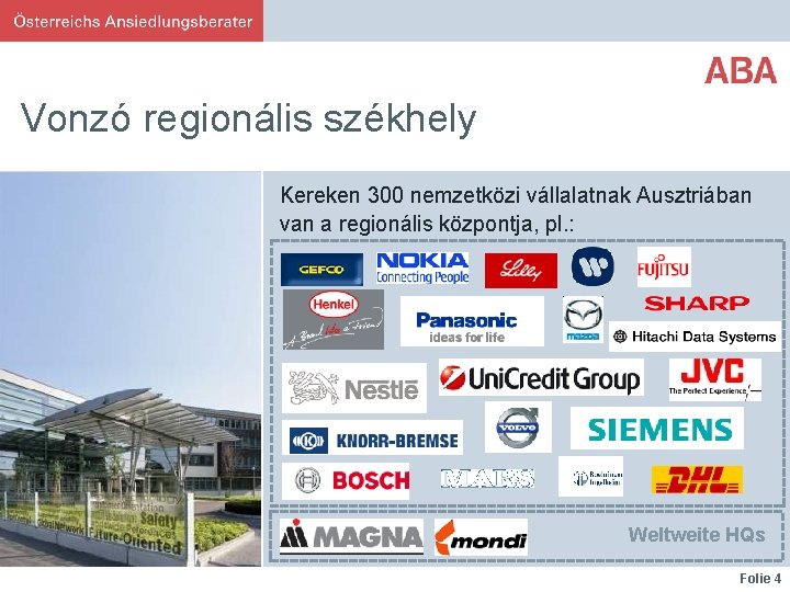 Vonzó regionális székhely Kereken 300 nemzetközi vállalatnak Ausztriában van a regionális központja, pl. :
