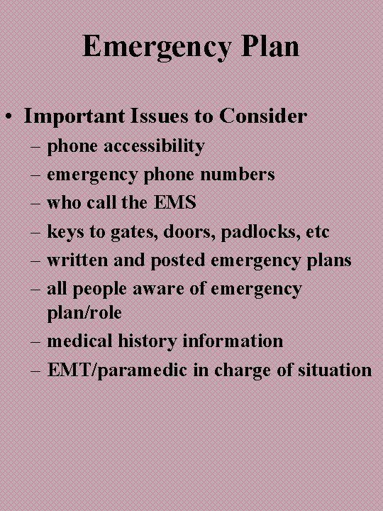 Emergency Plan • Important Issues to Consider – phone accessibility – emergency phone numbers
