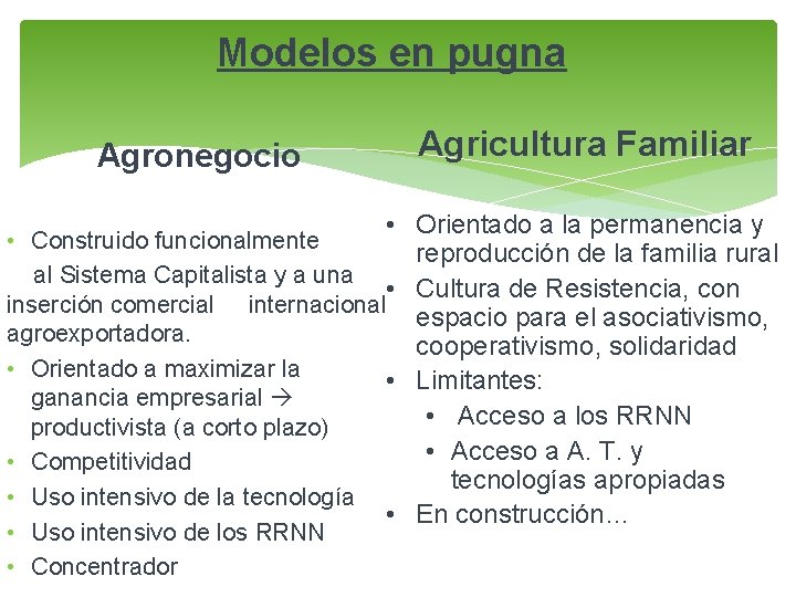 Modelos en pugna Agronegocio Agricultura Familiar • Orientado a la permanencia y • Construido