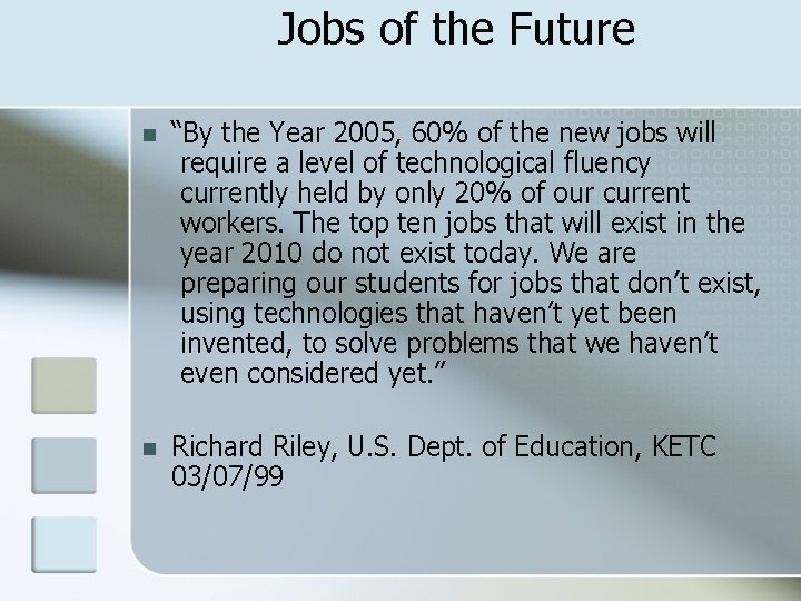 Jobs of the Future n “By the Year 2005, 60% of the new jobs