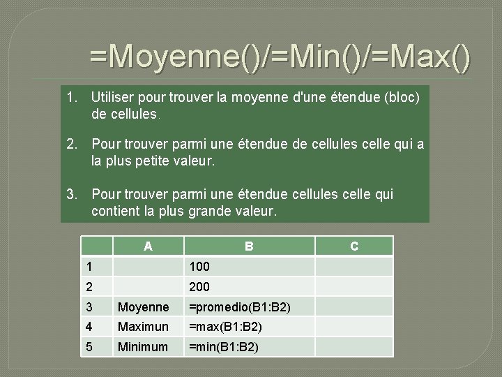 =Moyenne()/=Min()/=Max() 1. Utiliser pour trouver la moyenne d'une étendue (bloc) de cellules. 2. Pour