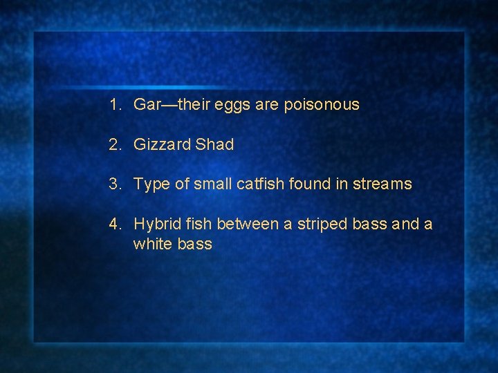 1. Gar—their eggs are poisonous 2. Gizzard Shad 3. Type of small catfish found