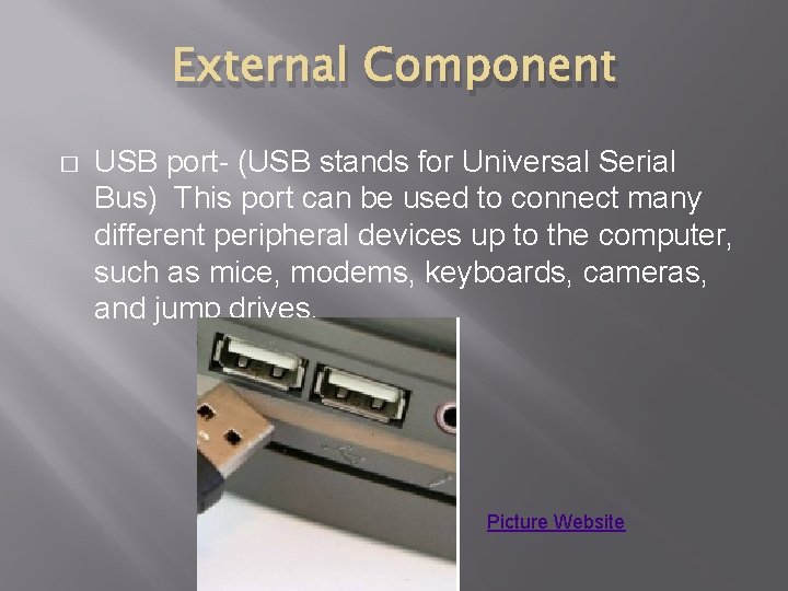 External Component � USB port- (USB stands for Universal Serial Bus) This port can