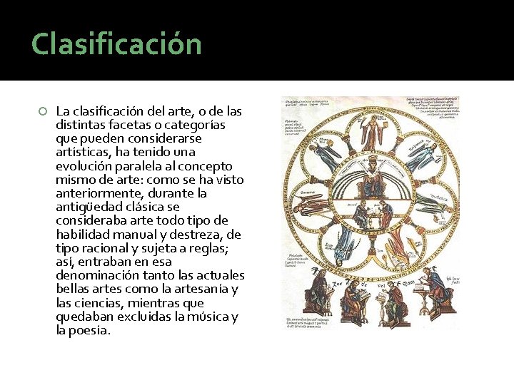 Clasificación La clasificación del arte, o de las distintas facetas o categorías que pueden