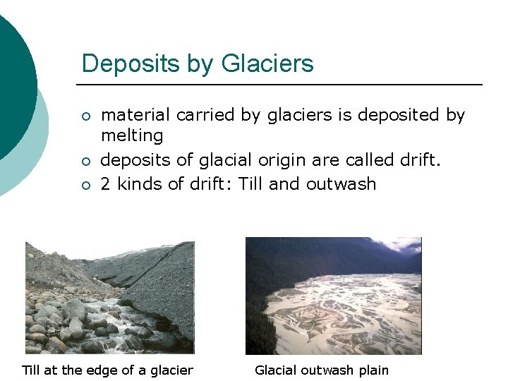 Deposits by Glaciers ¡ ¡ ¡ material carried by glaciers is deposited by melting