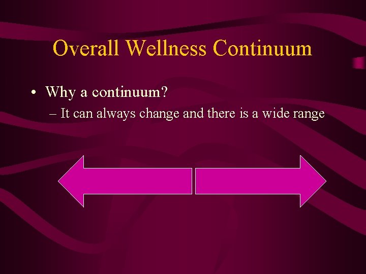 Overall Wellness Continuum • Why a continuum? – It can always change and there