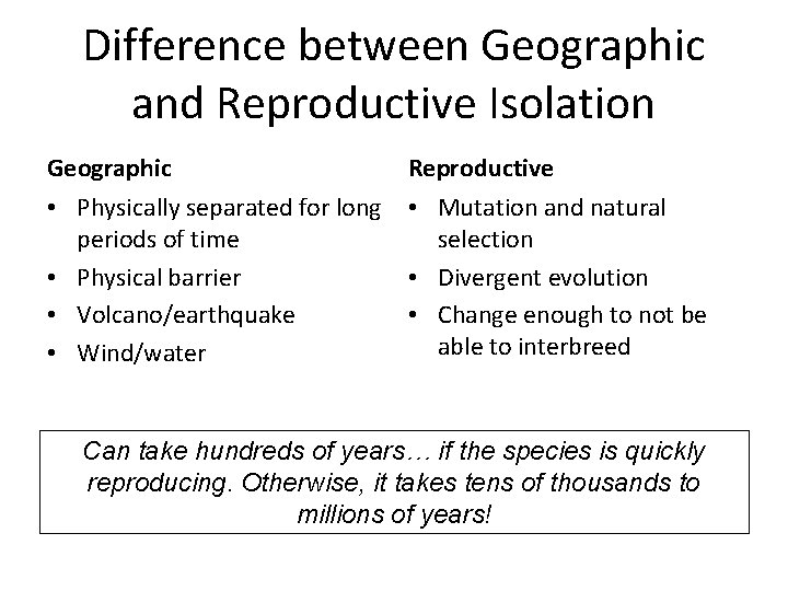 Difference between Geographic and Reproductive Isolation Geographic Reproductive • Physically separated for long •
