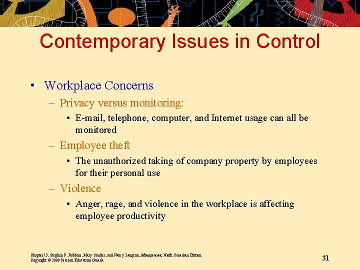 Contemporary Issues in Control • Workplace Concerns – Privacy versus monitoring: • E-mail, telephone,