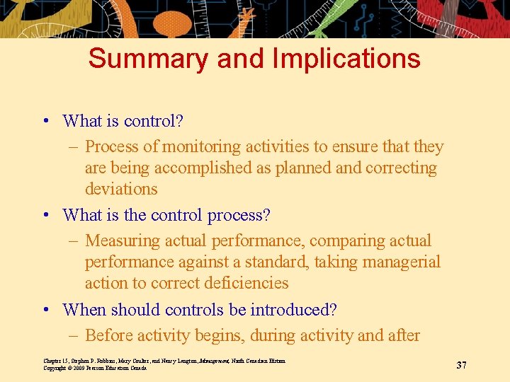 Summary and Implications • What is control? – Process of monitoring activities to ensure