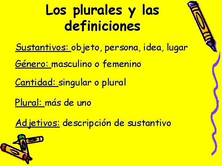 Los plurales y las definiciones Sustantivos: objeto, persona, idea, lugar Género: masculino o femenino