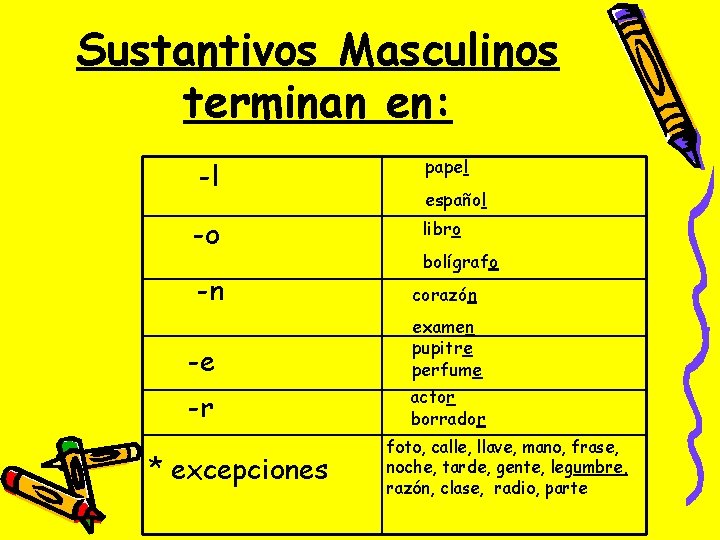 Sustantivos Masculinos terminan en: -l papel -o libro -n corazón español bolígrafo -e examen