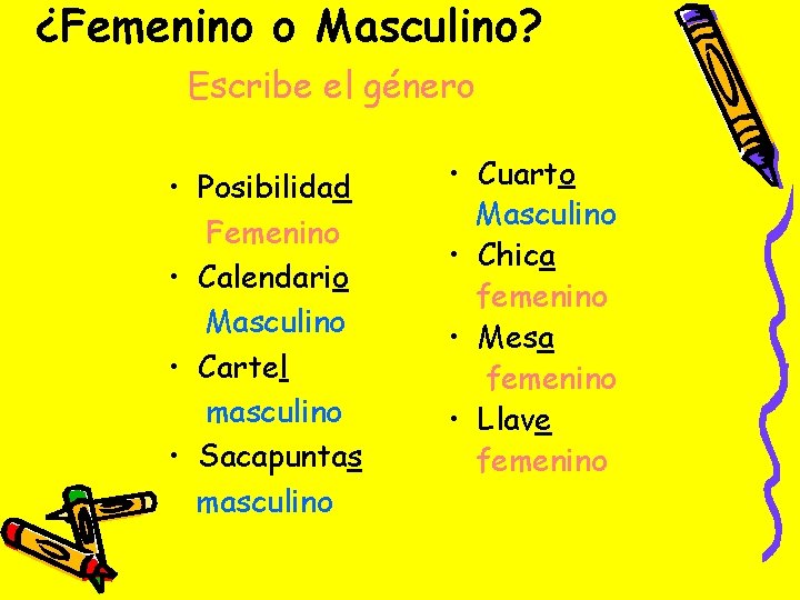 ¿Femenino o Masculino? Escribe el género • Posibilidad Femenino • Calendario Masculino • Cartel