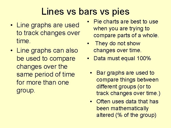 Lines vs bars vs pies • Line graphs are used to track changes over