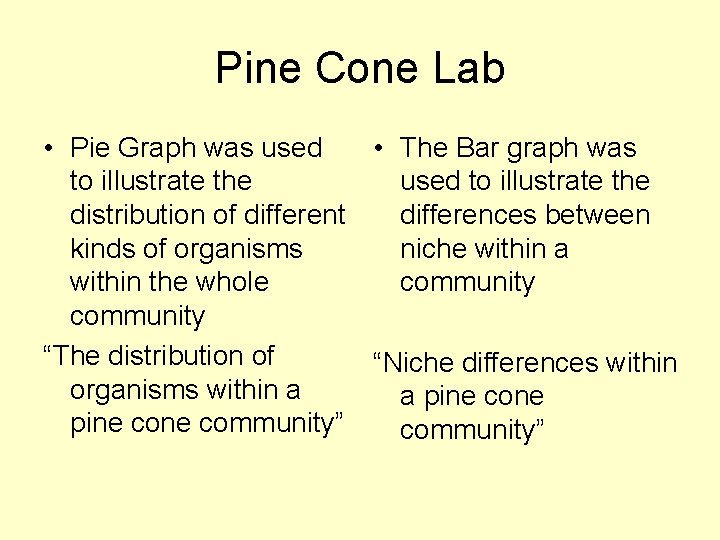 Pine Cone Lab • Pie Graph was used • The Bar graph was to