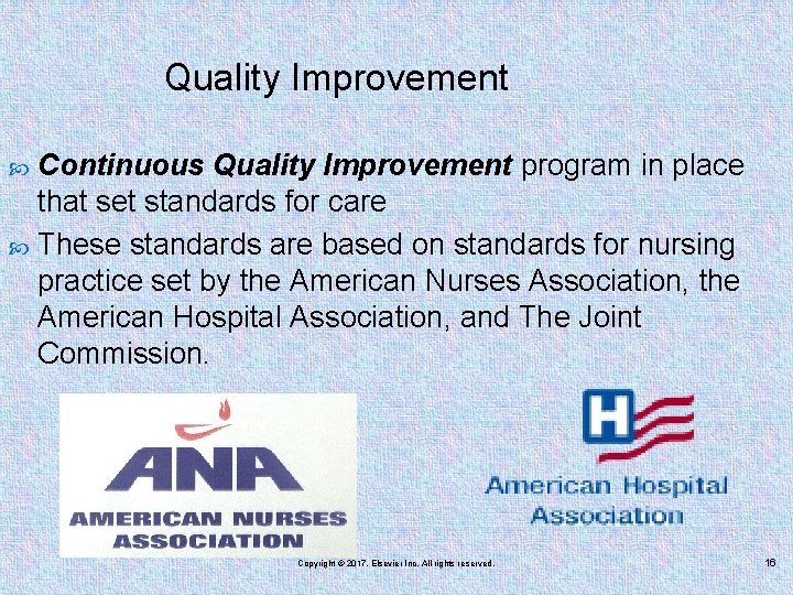 Quality Improvement Continuous Quality Improvement program in place that set standards for care These