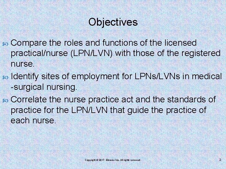 Objectives Compare the roles and functions of the licensed practical/nurse (LPN/LVN) with those of