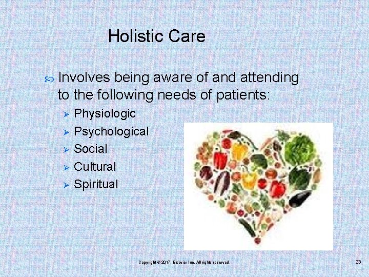 Holistic Care Involves being aware of and attending to the following needs of patients: