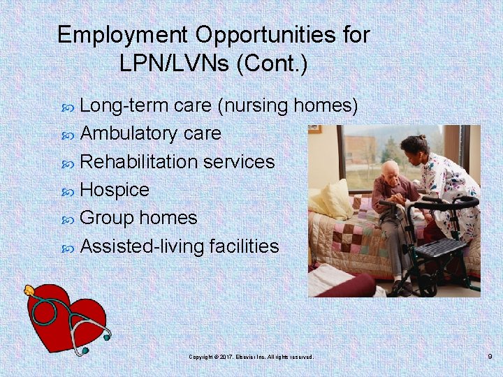 Employment Opportunities for LPN/LVNs (Cont. ) Long-term care (nursing homes) Ambulatory care Rehabilitation services