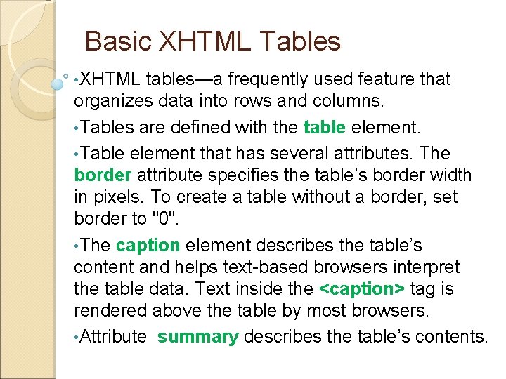 Basic XHTML Tables • XHTML tables—a frequently used feature that organizes data into rows