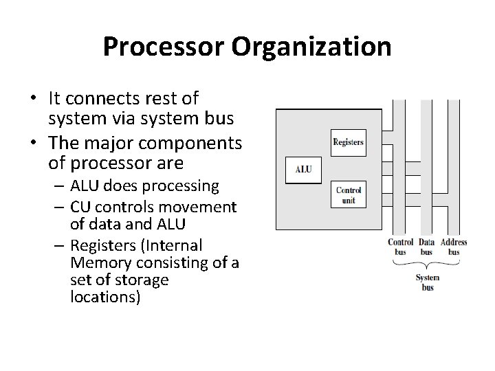 Processor Organization • It connects rest of system via system bus • The major