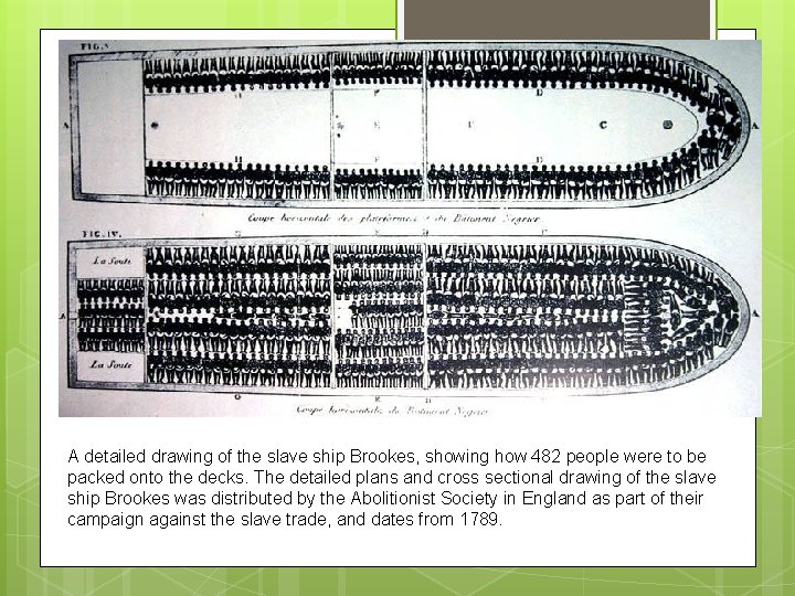 A detailed drawing of the slave ship Brookes, showing how 482 people were to