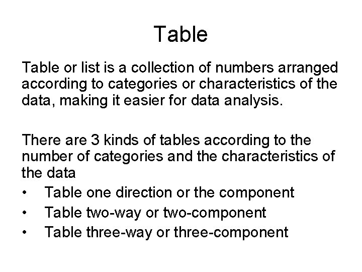 Table or list is a collection of numbers arranged according to categories or characteristics