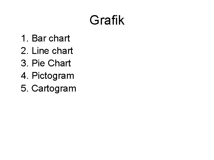 Grafik 1. Bar chart 2. Line chart 3. Pie Chart 4. Pictogram 5. Cartogram
