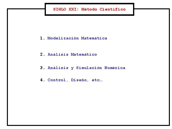 SIGLO XXI: Método Científico 1. Modelización Matemática 2. Análisis Matemático 3. Análisis y Simulación