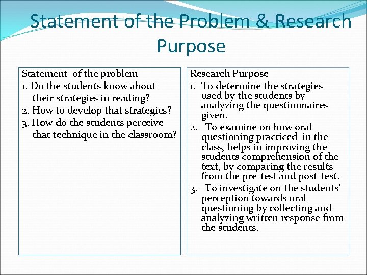 Statement of the Problem & Research Purpose Statement of the problem 1. Do the