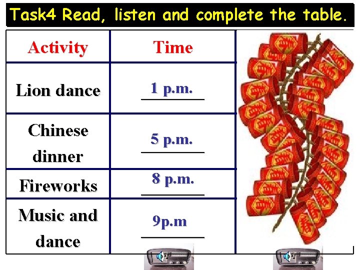 Task 4 Read, listen and complete the table. Activity Time Place Lion dance 1