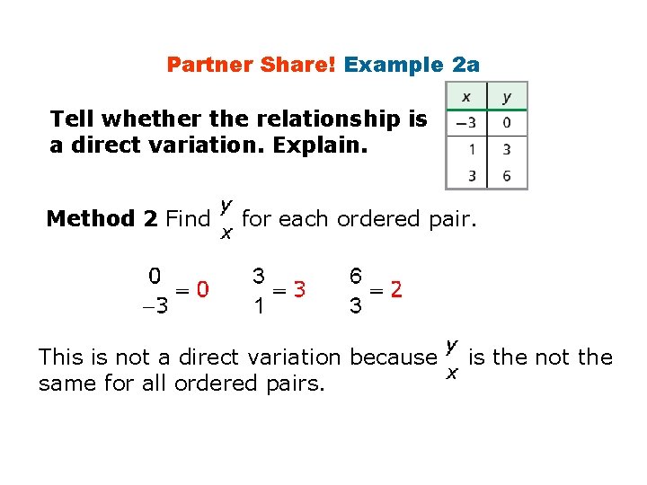 Partner Share! Example 2 a Tell whether the relationship is a direct variation. Explain.