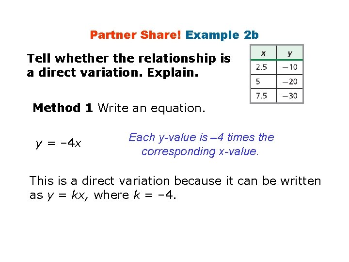 Partner Share! Example 2 b Tell whether the relationship is a direct variation. Explain.