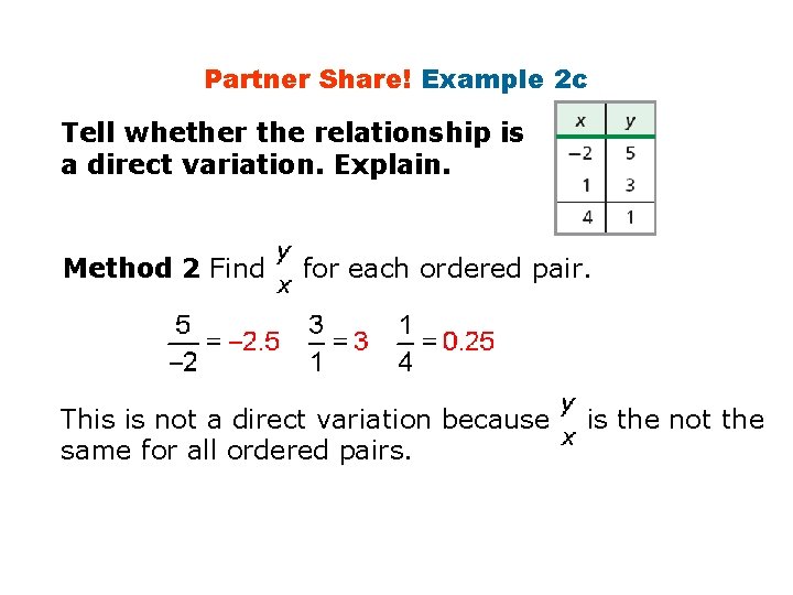 Partner Share! Example 2 c Tell whether the relationship is a direct variation. Explain.