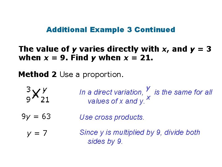 Additional Example 3 Continued The value of y varies directly with x, and y