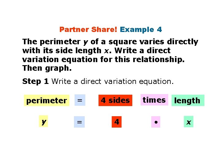 Partner Share! Example 4 The perimeter y of a square varies directly with its