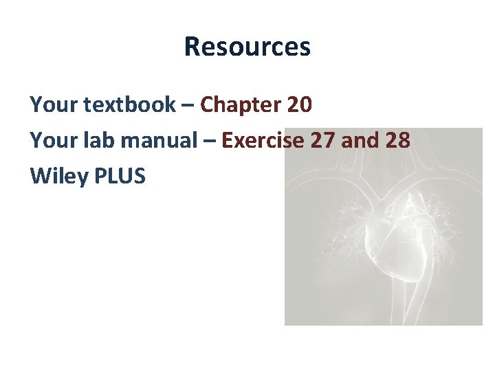 Resources Your textbook – Chapter 20 Your lab manual – Exercise 27 and 28