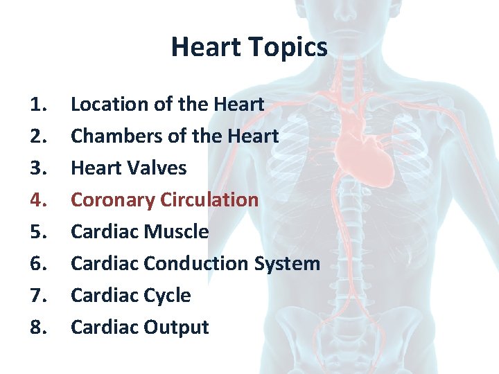 Heart Topics 1. 2. 3. 4. 5. 6. 7. 8. Location of the Heart