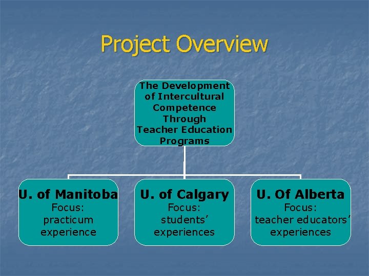 Project Overview The Development of Intercultural Competence Through Teacher Education Programs U. of Manitoba