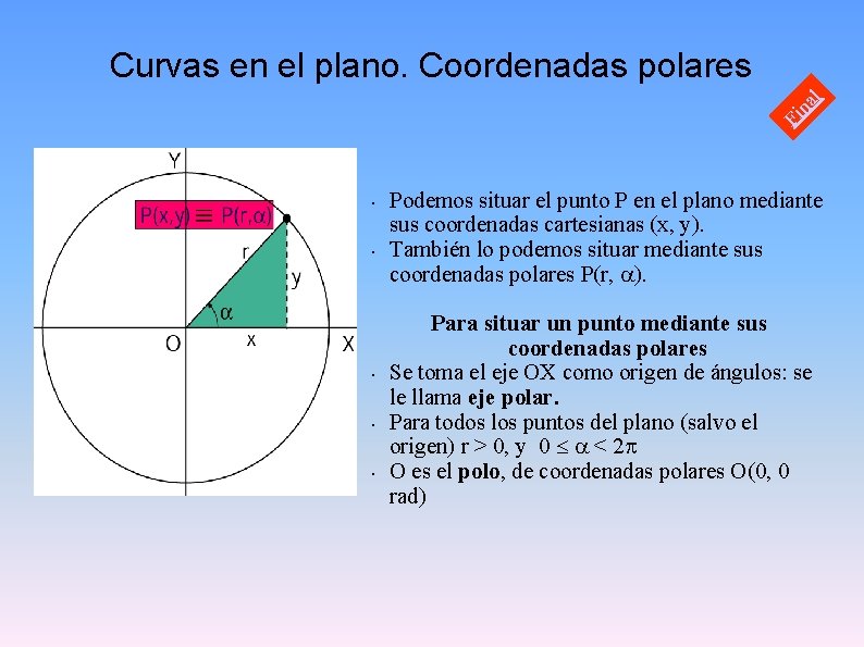 Fi na l Curvas en el plano. Coordenadas polares • • • Podemos situar