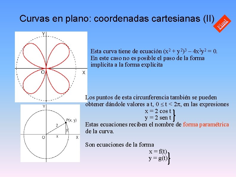 l na Fi Curvas en plano: coordenadas cartesianas (II) Esta curva tiene de ecuación