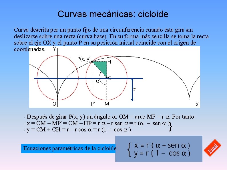 Curvas mecánicas: cicloide Curva descrita por un punto fijo de una circunferencia cuando ésta